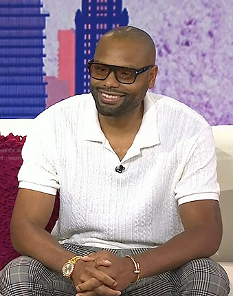 Rashad Bilal’s white cable knit polo shirt on Today