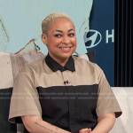 Raven Symone’s beige and black colorblock shirt on E! News