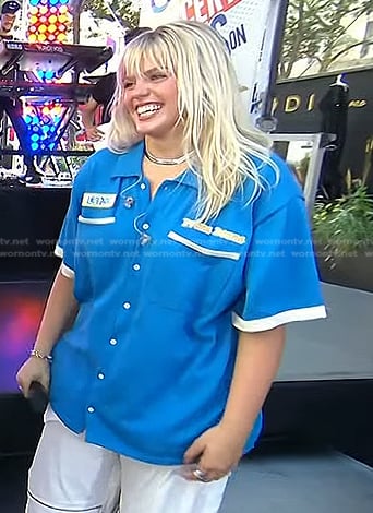 Renee Rapp blue bowling shirt on Today