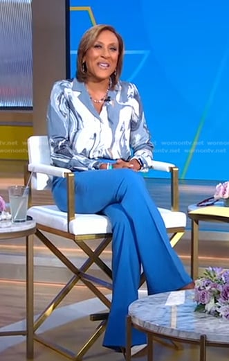 Robin's blue marbled blouse and pants on Good Morning America