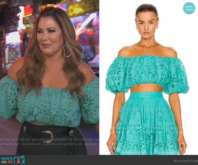 Rococo Sand Moss Crop Top worn by Emily Simpson on The Real Housewives of Orange County