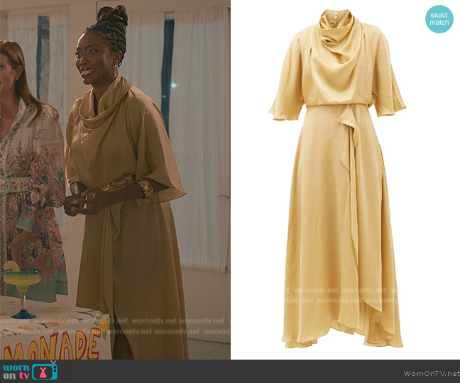 Roksanda Senja Asymmetric Draped Satin Dress worn by Helen Decatur (Heather Headley) on Sweet Magnolias