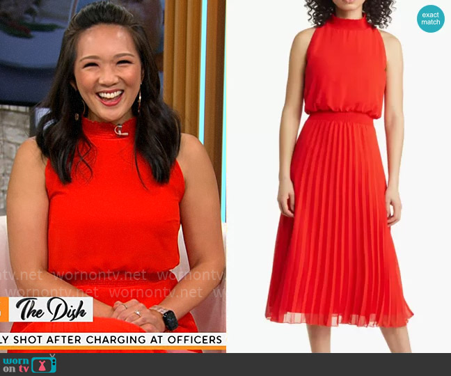 WornOnTV Nancy Chen’s red pleated sleeveless dress on CBS Mornings