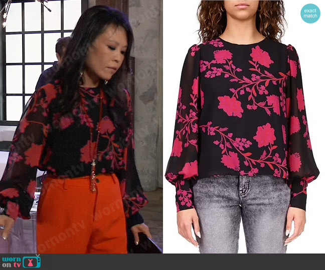 Sanctuary Floral Blouson Sleeve Popover Blouse in Rouge Ivy worn by Selina Wu (Lydia Look) on General Hospital