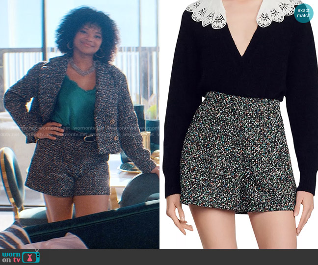 Sandro Space Tweed Shorts worn by Venetia Kelaher (Jade Payton) on Glamorous