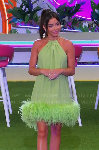 Sarah Hyland's green feather trim dress on Love Island USA