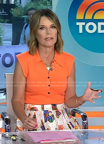 Savannah's orange top and bird print skirt on Today