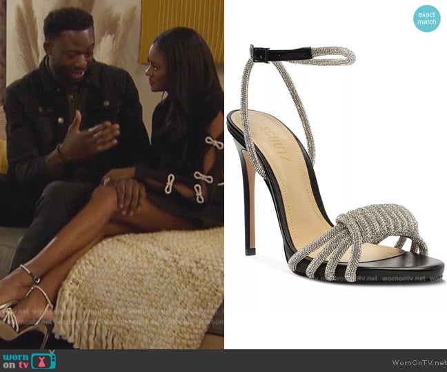 Schutz Jewell Crystal Embellished Wrapped Strap High Heel Sandals worn by Charity Lawson on The Bachelorette