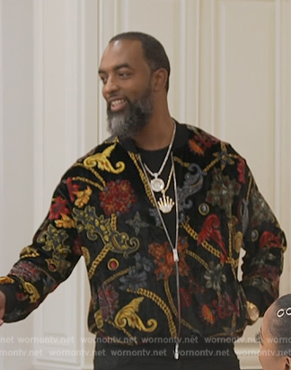 Scotley's black printed jacket on The Real Housewives of Atlanta