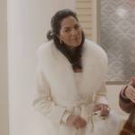 Seema’s white fur trim coat on And Just Like That