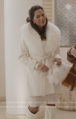 Seema's white fur trim coat on And Just Like That