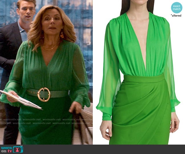 Sergio Hudson Silk V-Neck Bodysuit worn by Madolyn Addison (Kim Cattrall) on Glamorous