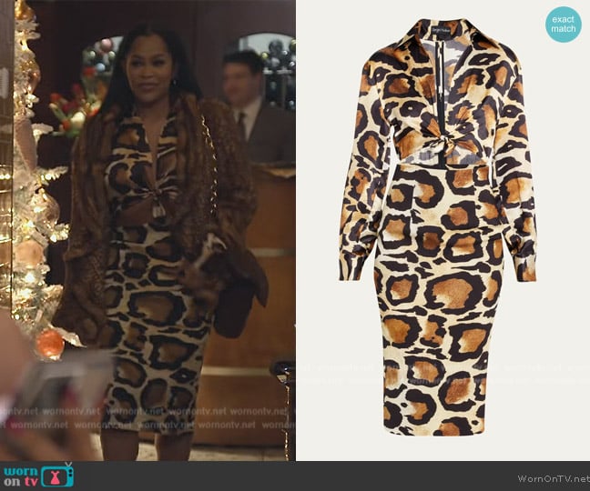 Sergio Hudson Tie Top Animal Print Midi Dress worn by Lisa Wu on The Real Housewives of Atlanta