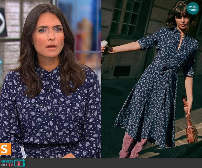 Sezane Lauretta Dress in Bandana Blue worn by Lilia Luciano on CBS Mornings