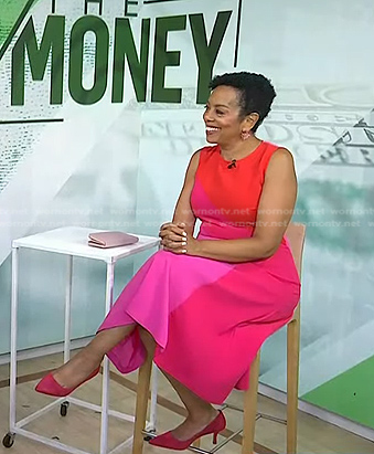 Sharon Epperson’s pink colorblock midi dress on Today