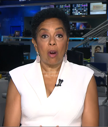 Sharon Epperson's white v-neck dress and earrings on NBC News Daily