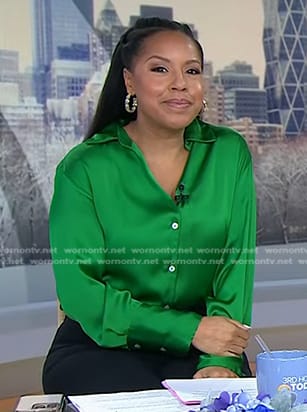 Sheinelle's green button down satin shirt on Today