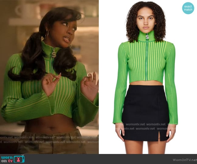 Simon Miller Green Peep Zip Sweater worn by Annika (Justine Skye) on Grown-ish