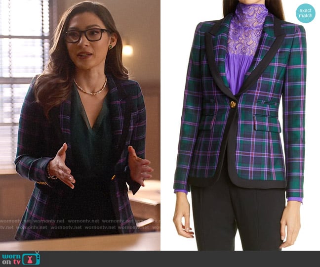 Smythe Tartan Peaked Lapel Wool Blazer worn by Susan (Inga Schlingmann) on So Help Me Todd