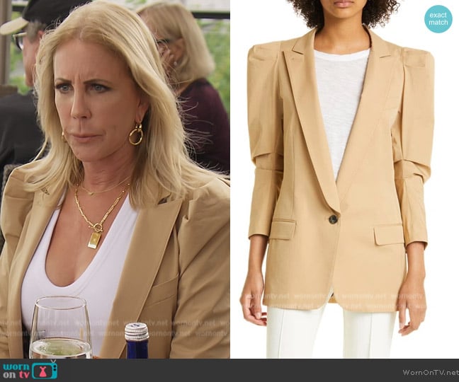 Smythe Scrunch Sleeve Longline Stretch Cotton Blazer worn by Vicki Gunvalson on The Real Housewives of Orange County