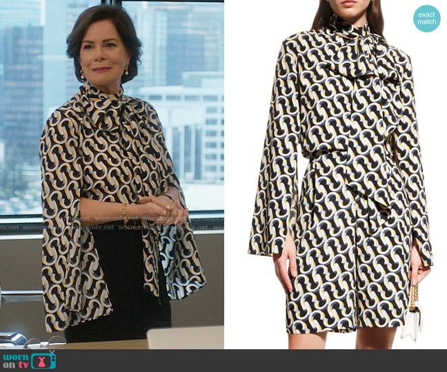 St John Collection Icon-Print Neck-Tie Slit-Sleeves Crepe de Chine Top worn by Margaret Wright (Marcia Gay Harden) on So Help Me Todd