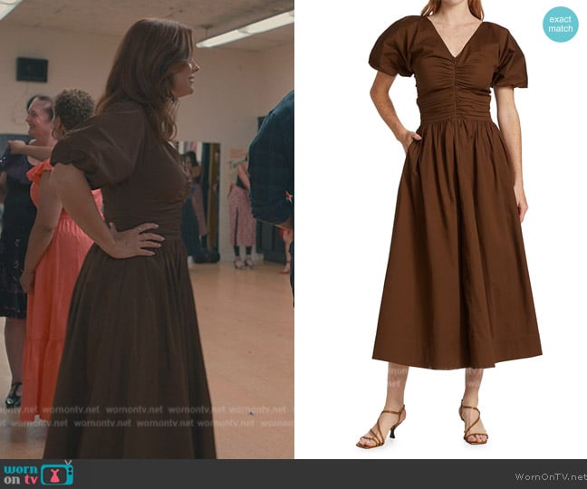 Staud Greta Puff-Sleeve Midi Dress worn by Maddie Townsend (JoAnna Garcia Swisher) on Sweet Magnolias