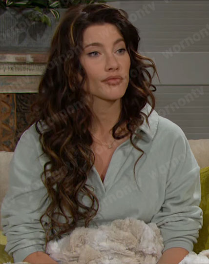 Steffy's sage green polo sweatshirt on The Bold and the Beautiful