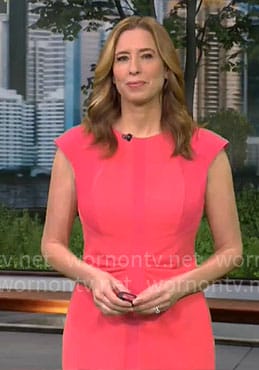 Stephanie Abrams’ coral pink ruched front dress on CBS Mornings