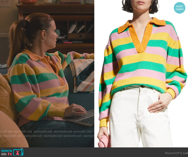 Tanya Taylor Avika Striped Drop Shoulder Collared Sweater worn by Maddie Townsend (JoAnna Garcia Swisher) on Sweet Magnolias