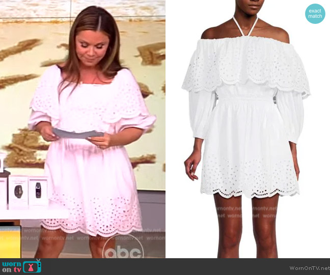 Tanya Taylor Sonya Eyelet Embroidered Off Shoulder Mini Dress worn by Gretta Monahan on The View