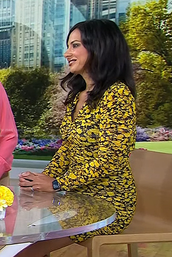 Tara Narula’s yellow floral ruched dress on Today