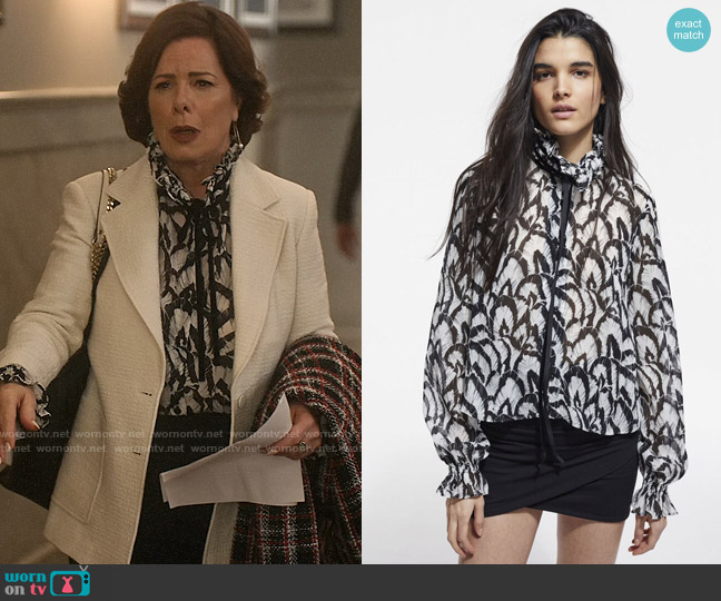 WornOnTV: Margaret’s black and white printed blouse and tweed blazer on ...