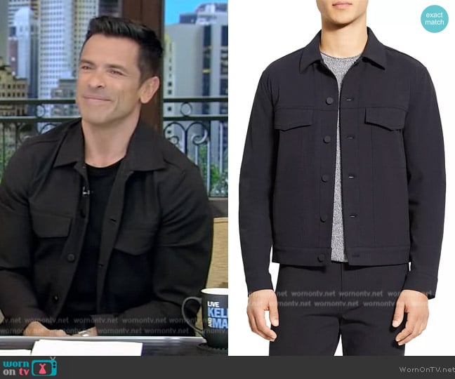 Theory River Stretch Neoteric Twill Trucker Jacket worn by Mark Consuelos on Live with Kelly and Mark