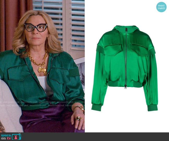 Madolyn’s green satin bomber jacket on Glamorous