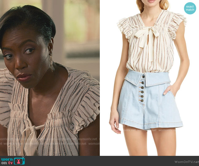 Ulla Johnson Bria Metallic Stripe Flutter Sleeve Tie Top worn by Helen Decatur (Heather Headley) on Sweet Magnolias