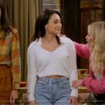 Val’s white cropped fluffy polo sweater on How I Met Your Father