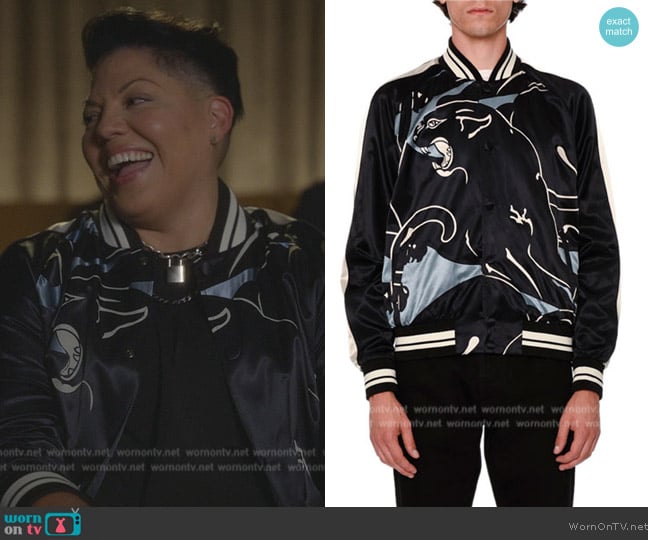 Valentino Panther Souvenir Satin Bomber Jacket worn by Che Diaz (Sara Ramirez) on And Just Like That