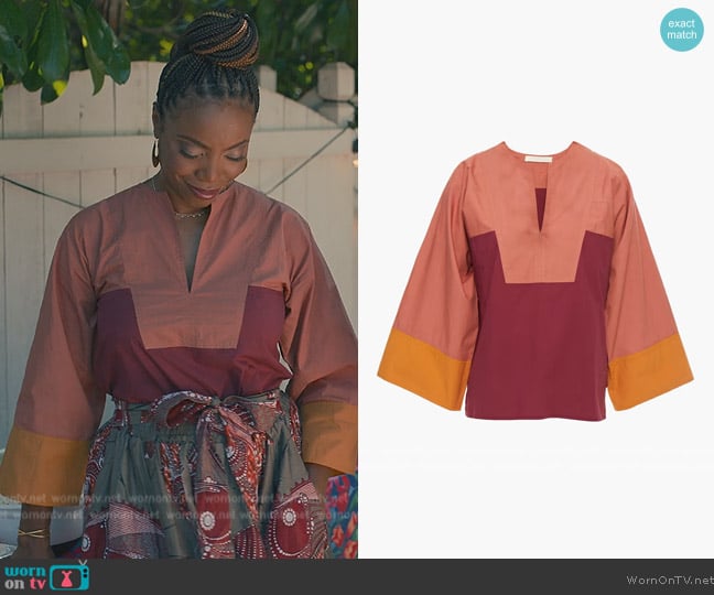 Vanessa Bruno Nam color-block cotton-poplin top worn by Helen Decatur (Heather Headley) on Sweet Magnolias