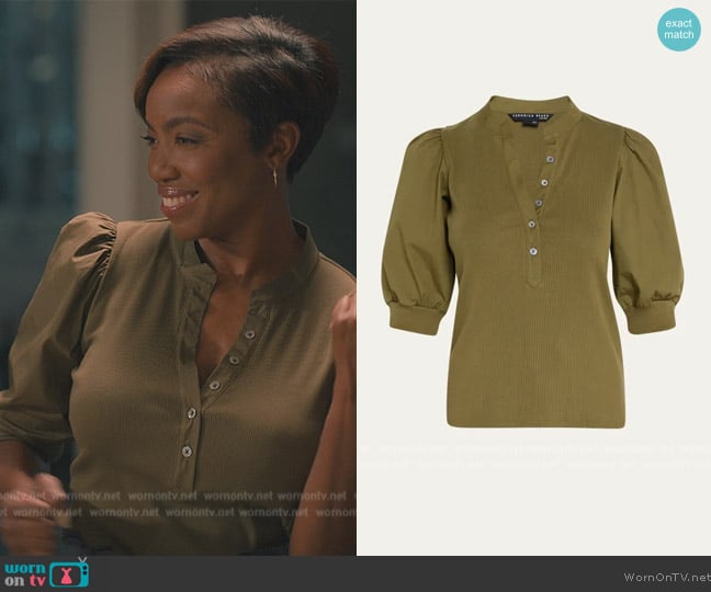 Laurel Coralee Knit Button-Front Puffed Sleeve Top worn by Helen Decatur (Heather Headley) on Sweet Magnolias