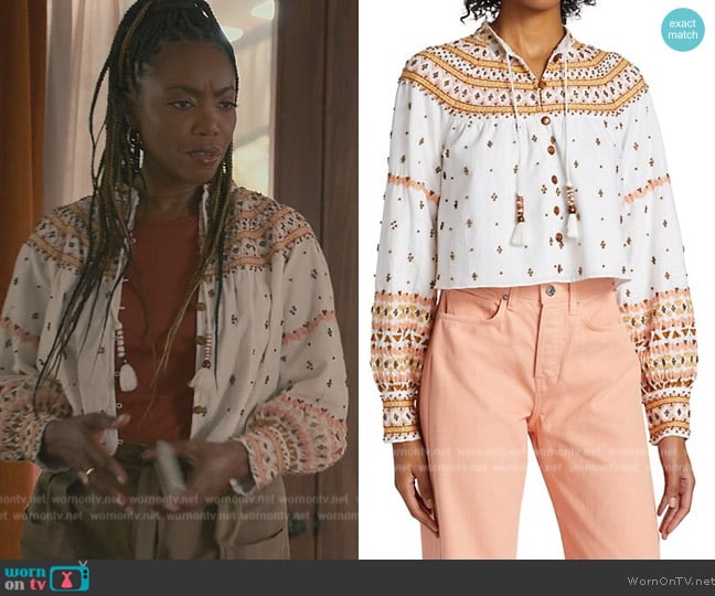 Veronica Beard Fernanda Embroidered Cropped Jacket worn by Helen Decatur (Heather Headley) on Sweet Magnolias