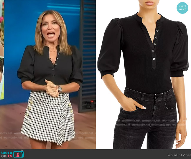 WornOnTV: Kit’s black puff sleeve top and tweed mini skirt on Access ...