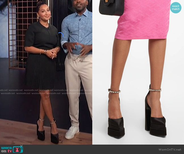 Versace Aevitas Pointy Satin Platform Pumps worn by Adrienne Houghton on E! News