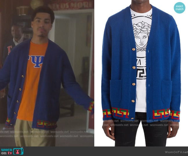 Versace Greca Jacquard Tape Wool, Silk & Cashmere Cardigan worn by Andre Johnson, Jr. (Marcus Scribner) on Grown-ish