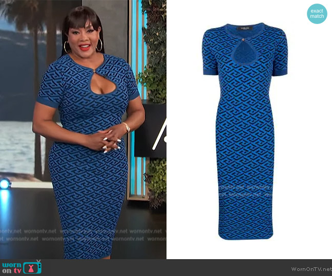 Versace La Greca knitted midi dress worn by Vivica A Fox on Access Hollywood