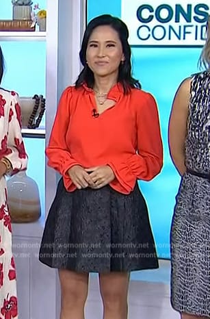 Vicky’s red ruffle blouse and grey skirt on Today