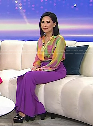 Vicky's multicolor print shirt and purple pants on Today