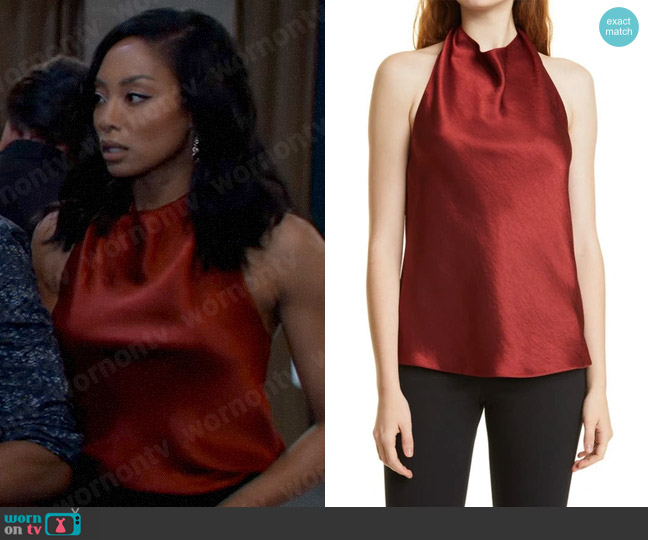 Vince Halter Neck Sleeveless Satin Blouse in Red worn by Jordan Ashford (Tanisha Mariko Harper) on General Hospital