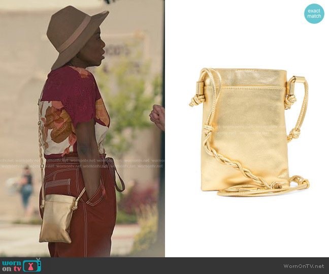 Vince Camuto Vanah Leather Crossbody Bag in Goldy Metallic Smooth Leather worn by Helen Decatur (Heather Headley) on Sweet Magnolias