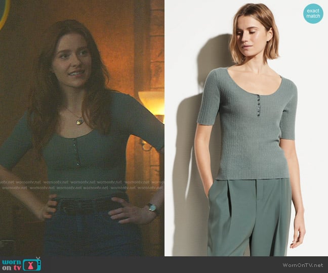 Vince Cashmere Scoop Neck Henley in Horizon worn by Nancy Drew (Kennedy McMann) on Nancy Drew