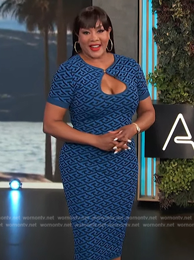 Vivica A Fox’s blue monogram print dress on Access Hollywood